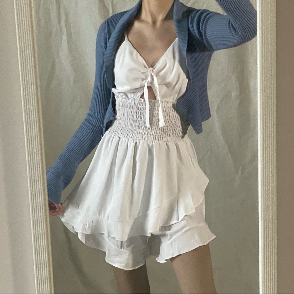 White Smocked Ruffle Mini Dress Romper